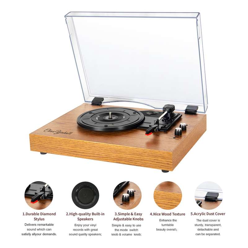 Retro Record Player with BT Function 33/45/78RPM 3-Speed Line-in Antique Gramophone Turntable