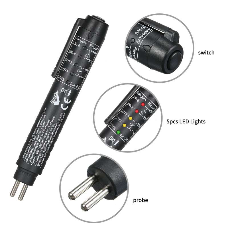 Brake Fluid Tester Pen Test DOT3 DOT4 DOT5.1 ENV6 ENV4 Brake Fluids with 5 LED Indicators