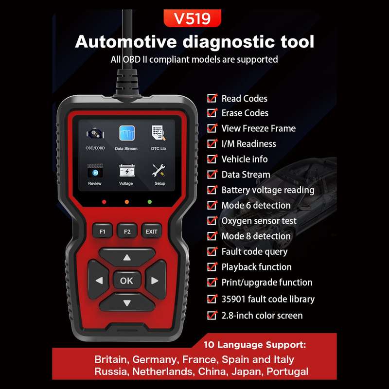 V519 OBDII Diagnostic Vehicle Code Reader Upgraged Support Printing Functions for All OBD II Protoco