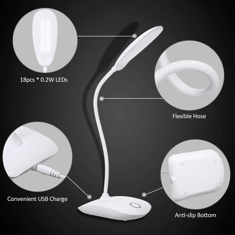 USB Rechargeable 360 Rotating LEDs Desk Lamp 3 Level Brightness Flexible Touching Control Ni
