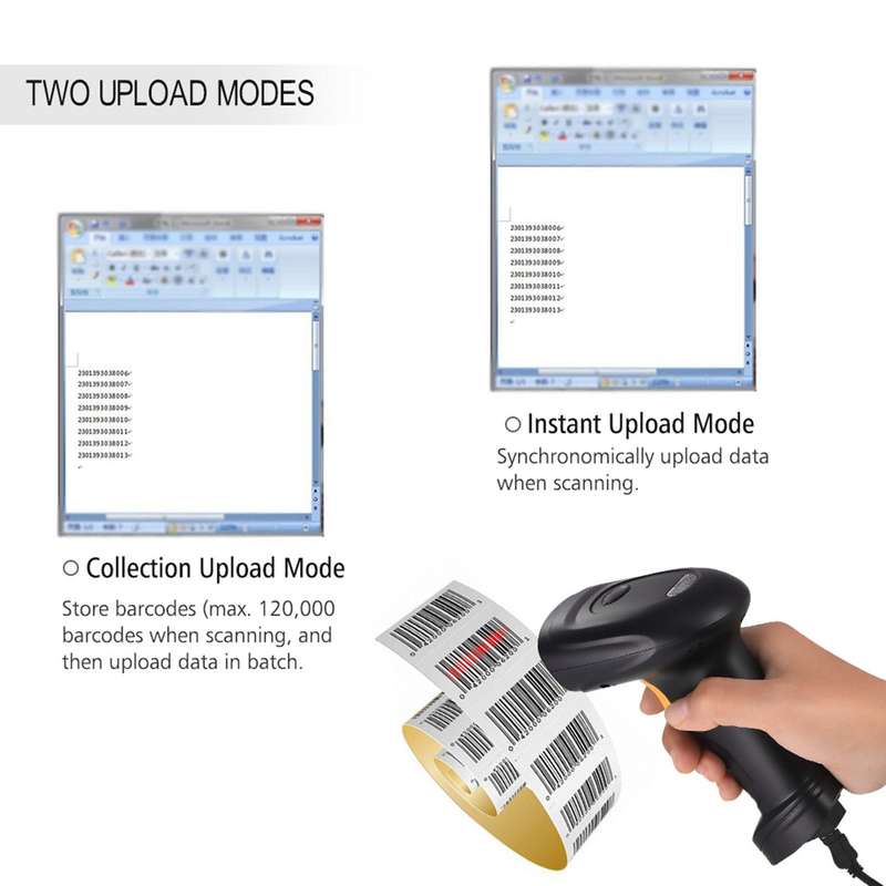 2-in-1 2.4G Wireless Barcode Scanner & USB Wired Barcode Scanner Handheld 1D Bar Code Scanner