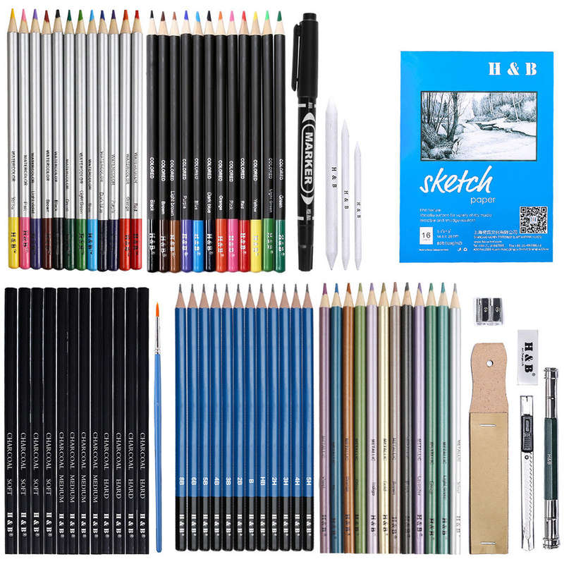 H&B 71pcs/set Professional Drawing Kit Sketch Pencils Art Sketching Painting Supplies with Ca
