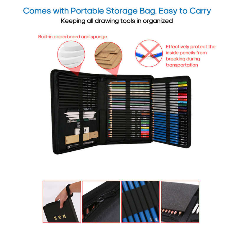 H&B 71pcs/set Professional Drawing Kit Sketch Pencils Art Sketching Painting Supplies with Ca