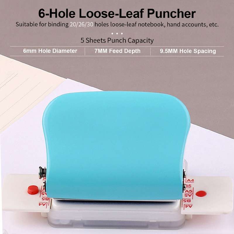 KW-trio 6-Hole Paper Punch Handheld Metal Hole Puncher 5 Sheet Capacity 6mm for A4 A5 B5 Note
