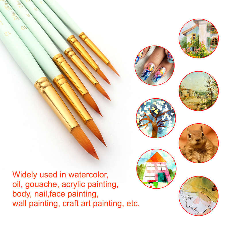 6pcs Art Paint Brushes Pen Set Round Pointed Tip Professional Paintbrush Nylon Hair Wooden Ha