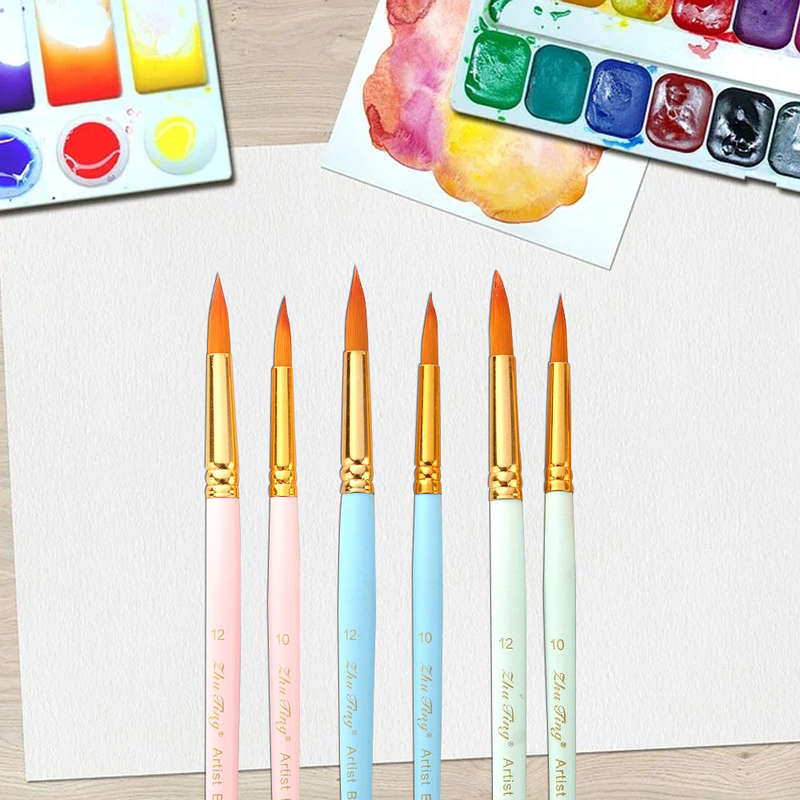 6pcs Art Paint Brushes Pen Set Round Pointed Tip Professional Paintbrush Nylon Hair Wooden Ha