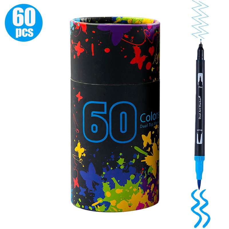 60 Colors Dual Tip Brush Pens Flexible Brush & 0.4mm Fineliner Tip Watercolor Art Markers Set