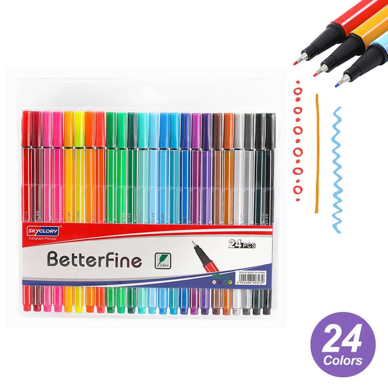 SKYGLORY 24 Colors Fineliner Pens 0.4mm Fine Tip Marker Drawing Color Pens Set Art Office Sch