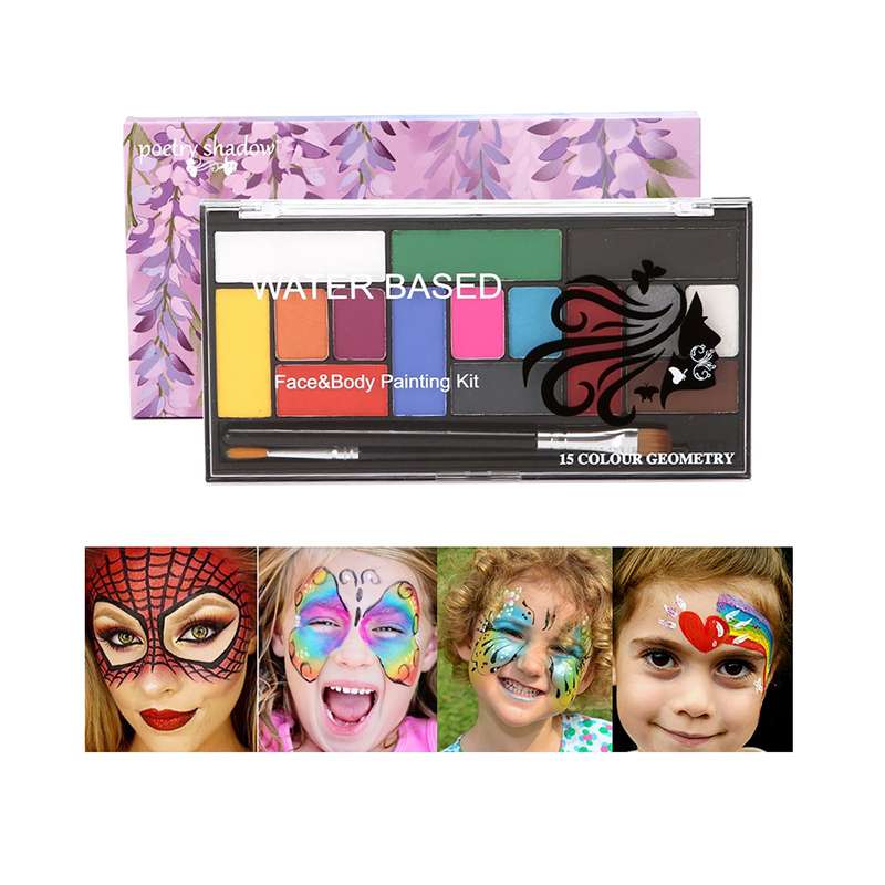 Professional 15 Colors Face Body Paint Kit with 2 Brushes Washable Face Painting Palette Non-