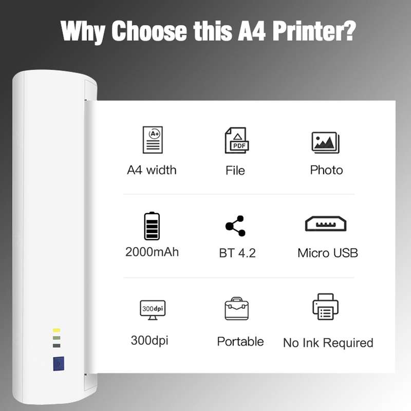 GOOJPRT A4 Portable Thermal Printer 210mm Mini Mobile Photo Printer 300dpi BT USB Connection