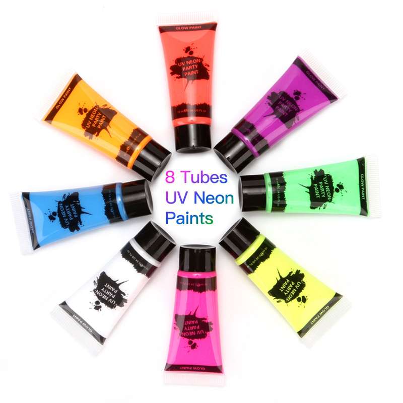 8 Tubes 10ml/0.34oz UV Neon Face & Body Paint 8 Colors Neon Fluorescent UV Blacklight Glow Sa