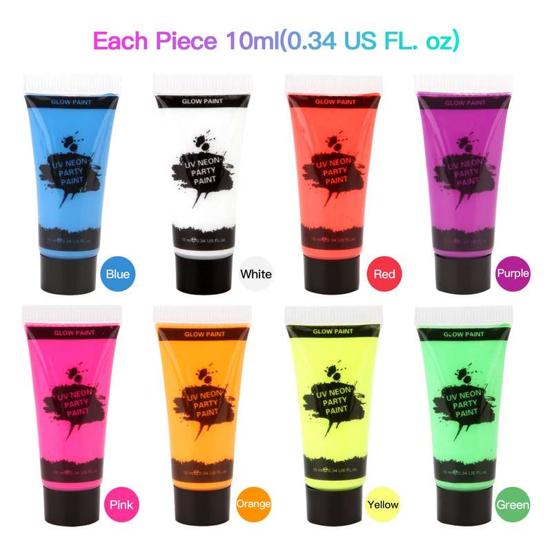 8 Tubes 10ml/0.34oz UV Neon Face & Body Paint 8 Colors Neon Fluorescent UV Blacklight Glow Sa