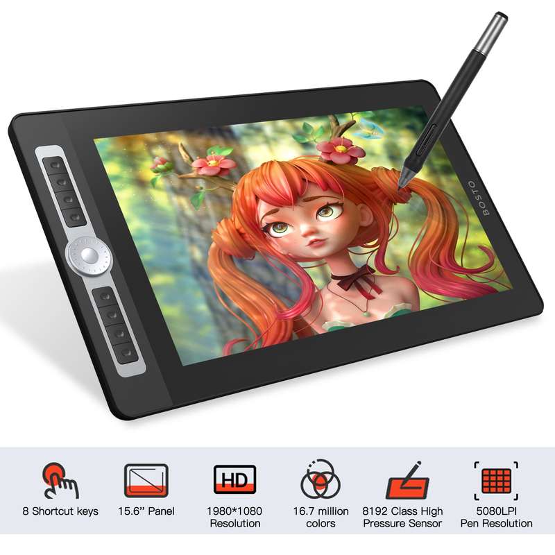 BOSTO 16HD Pro Portable 15.6 Inch H-IPS LCD Graphics Drawing Tablet Display Digital Art Drawi