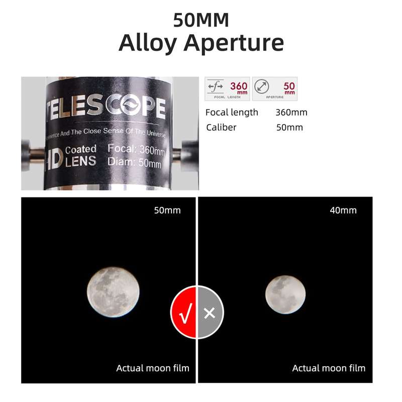 Telescopes for Kids Adults Beginners 50mm Alloy Aperture Astronomical Refractor Telescope 100