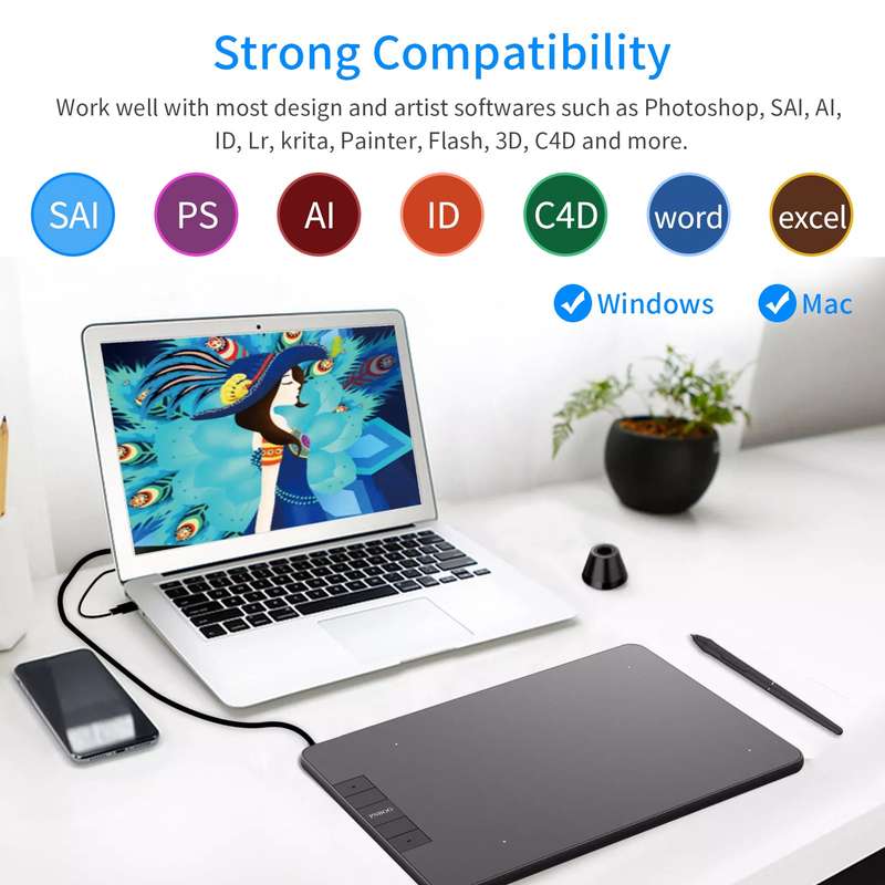 PNBOO PN640 Graphics Drawing Tablet 6 x 4 inch Active Area 8192 Levels Pressure Tilt Function