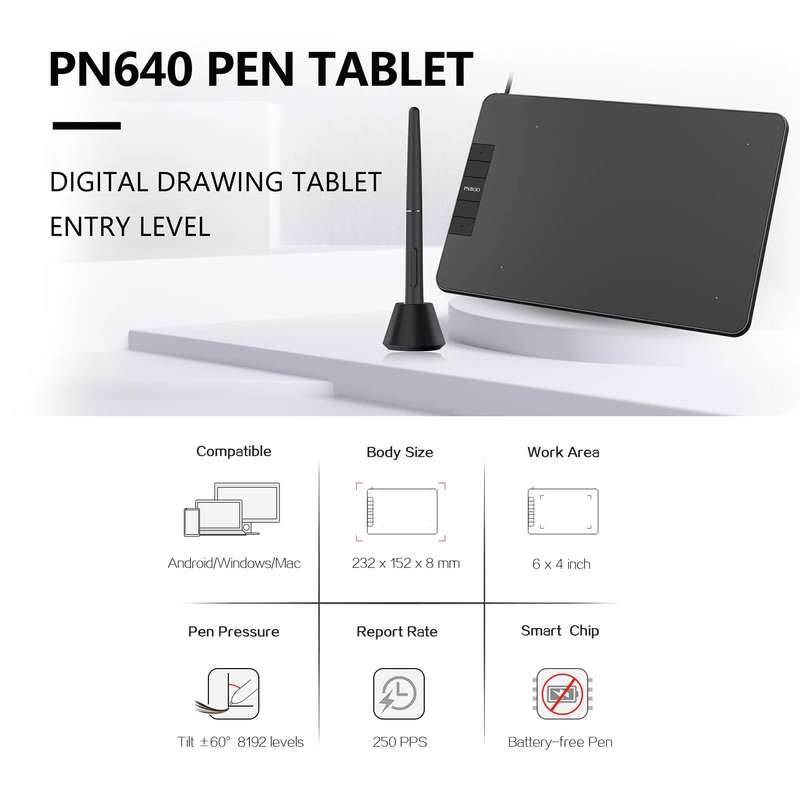 PNBOO PN640 Graphics Drawing Tablet 6 x 4 inch Active Area 8192 Levels Pressure Tilt Function