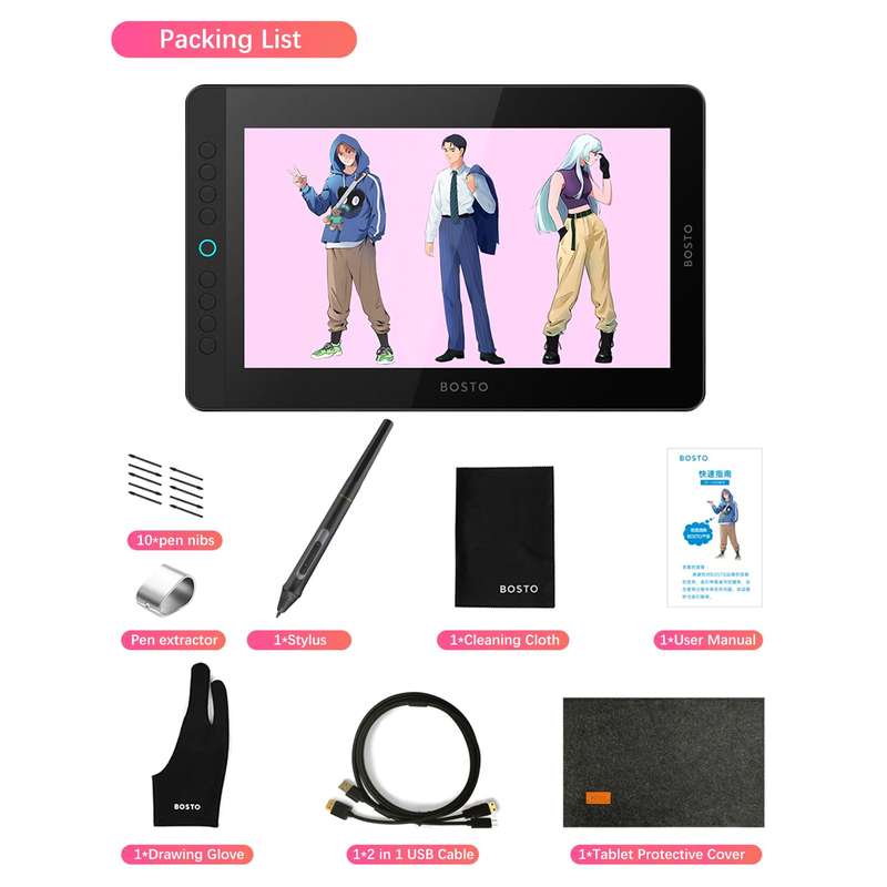 BOSTO BT-13HDK Portable Graphics Drawing Tablet 13.3 Inch H-IPS LED Screen Display Digital Ar