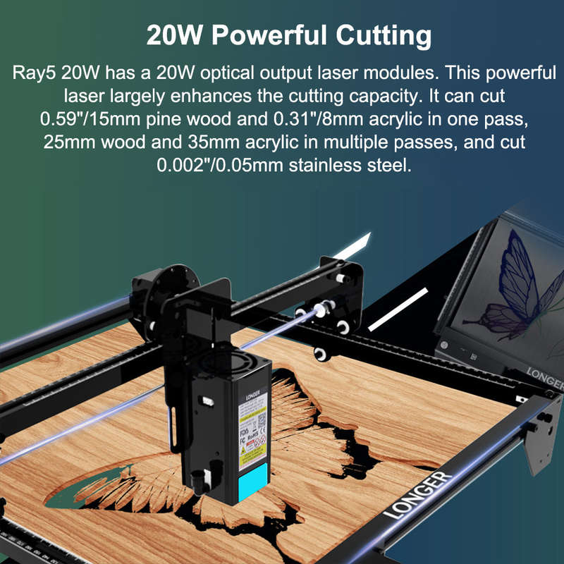 LONGER Ray5 20W Laser Engraver with Engraving Area 375x375mm 3.5'' Touchscreen 32-bit Motherb