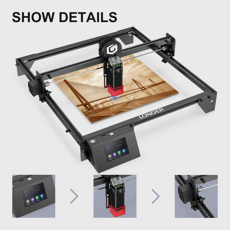 LONGER Ray5 10W Laser Engraver with Engraving Area 400x400mm 3.5'' Touchscreen 32-bit Motherb