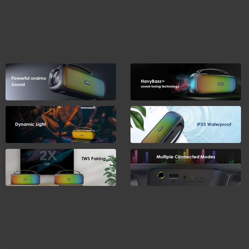 Oraimo Wireless Speaker OBS-75D Boom Powerful Sound Massive Bass Dynamic Light Effects Portable Wire