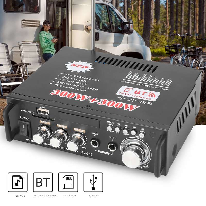 12V/ 220V Mini 2CH LCD Display HIFI Audio Stereo Power Amplifier BT FM Radio Portable Car Home 600W