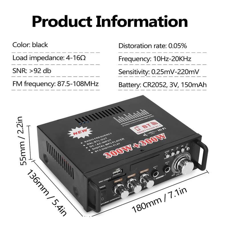 12V/ 220V Mini 2CH LCD Display HIFI Audio Stereo Power Amplifier BT FM Radio Portable Car Home 600W