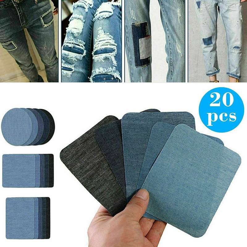 20Pcs Iron-on Patches Jean Patches Denim Fabric Patches No-Sew  Mending Cloth Knee Pant Patches 4 Si