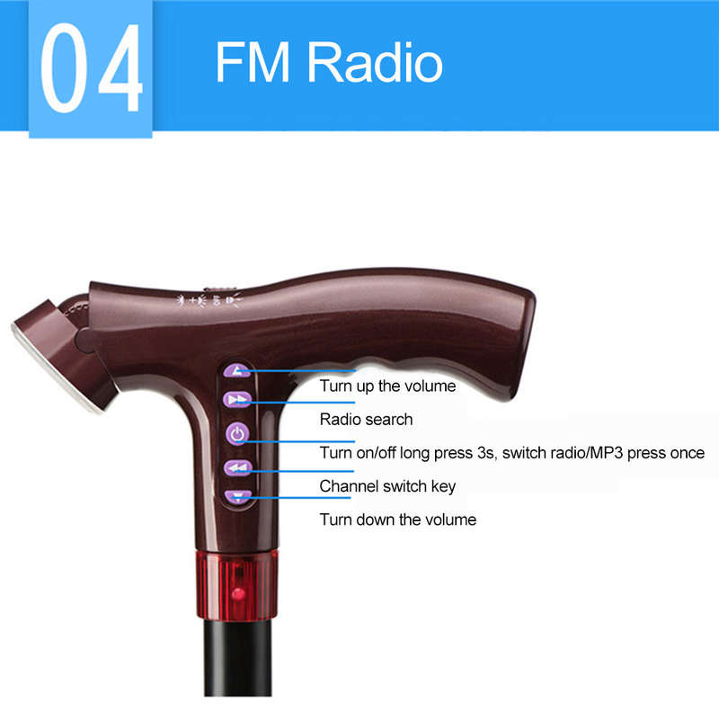 Elderly Adjustable L-ED Walking Cane FM Radio MP3 Smart Safety Fall Alarm Walking Stick