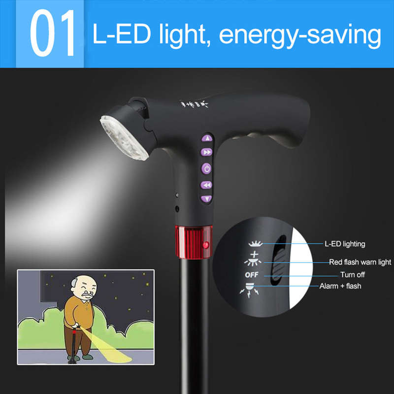 Elderly Adjustable L-ED Walking Cane FM Radio MP3 Smart Safety Fall Alarm Walking Stick