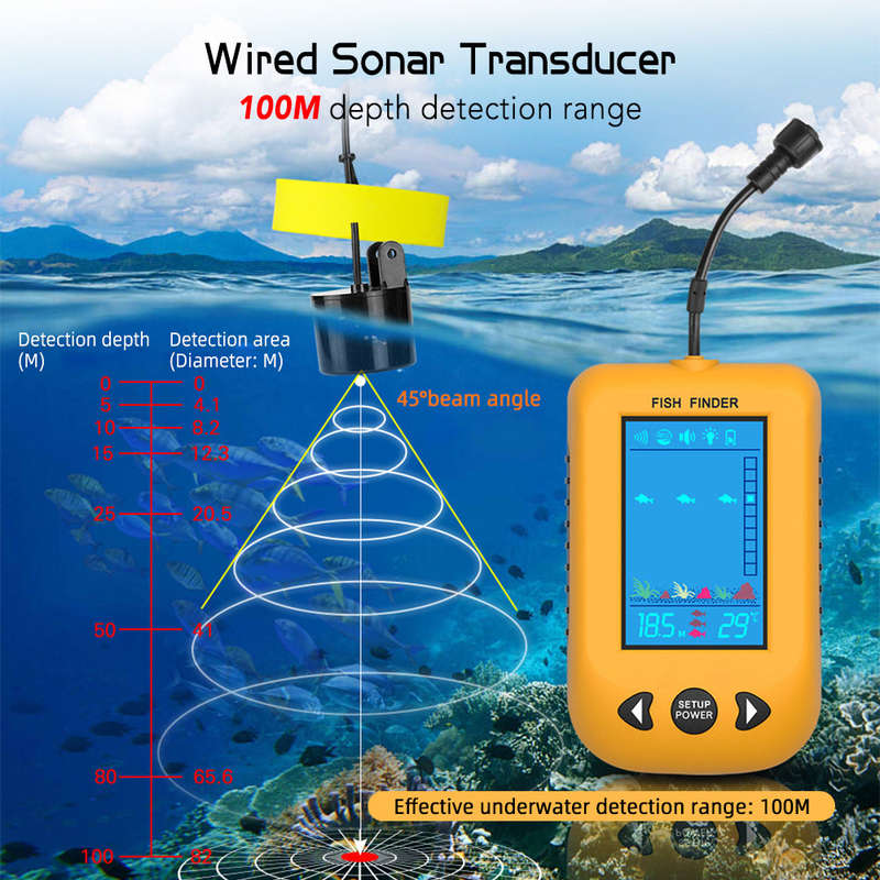 Portable Fish Finder Handheld Wired Fish Depth Finder Kayak Boat Fishfinder with Sonar Transd