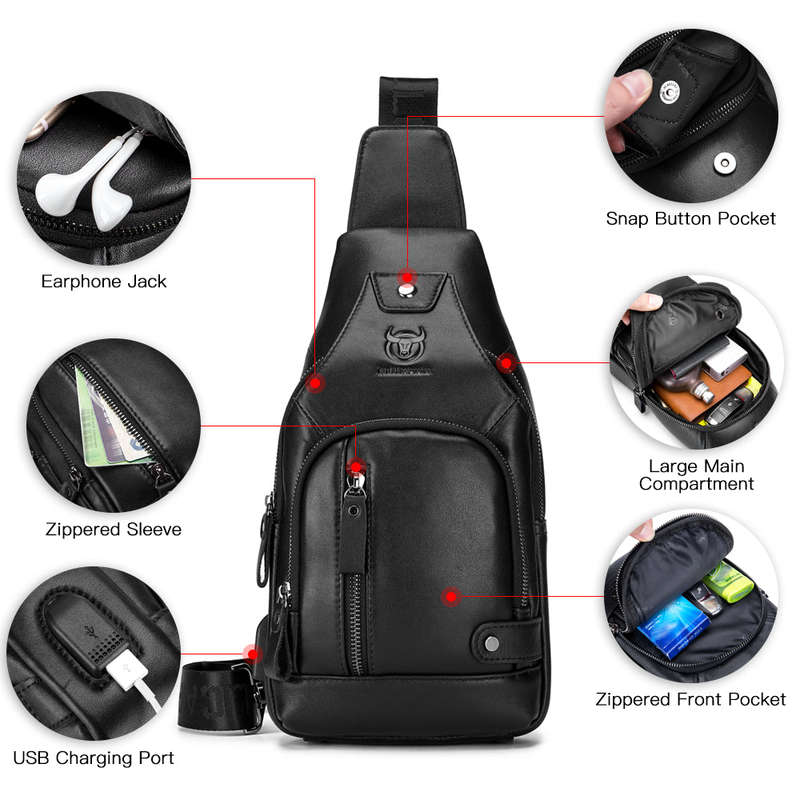 Men Leather Sling Bag Casual Shoulder Chest Crossbody Bag Hiking Travel Daypack with USB Char