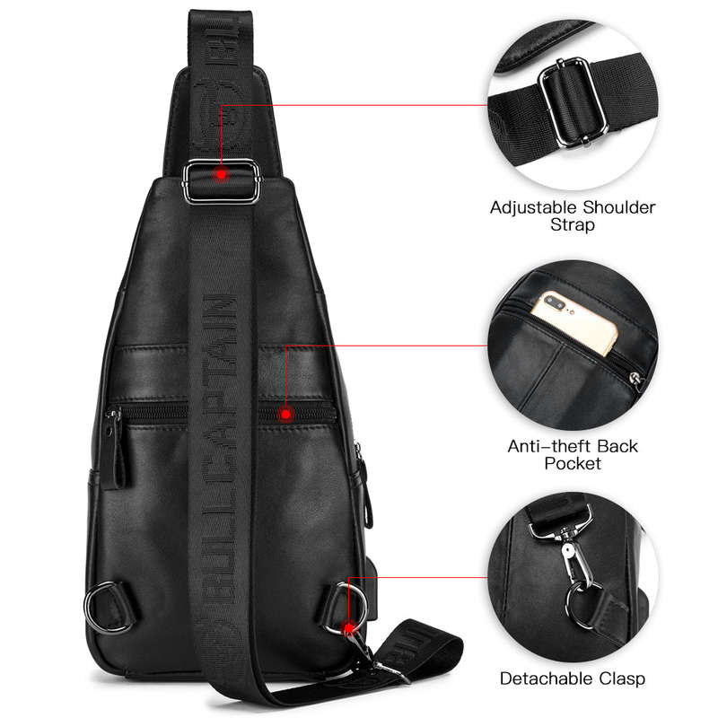 Men Leather Sling Bag Casual Shoulder Chest Crossbody Bag Hiking Travel Daypack with USB Char