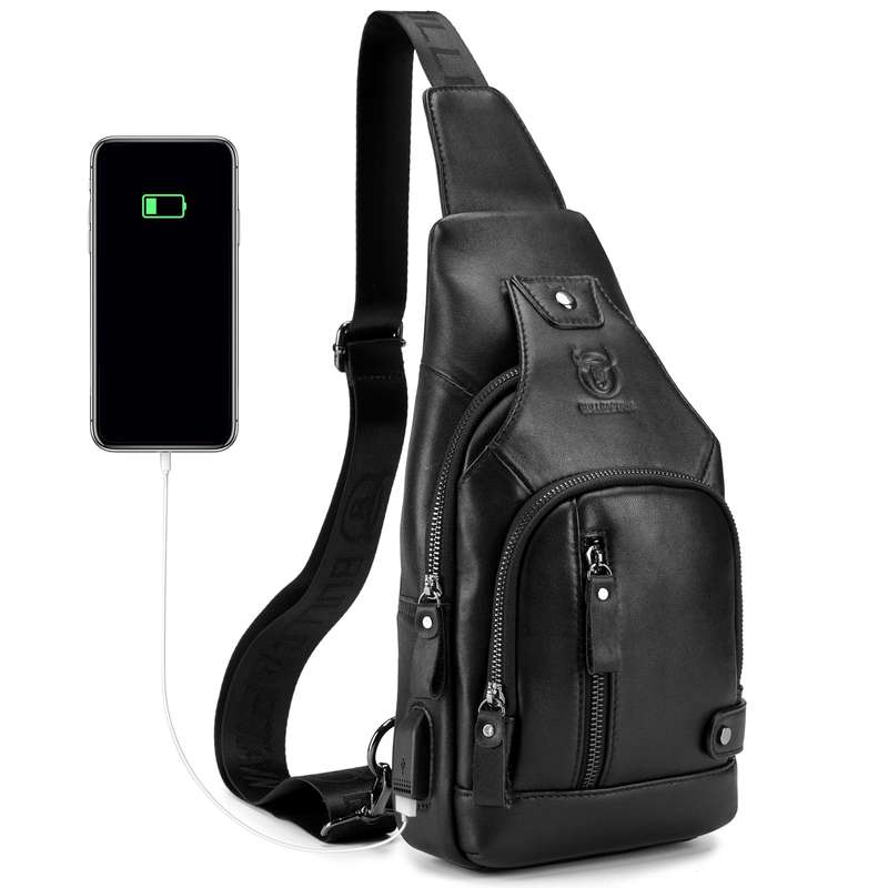 Men Leather Sling Bag Casual Shoulder Chest Crossbody Bag Hiking Travel Daypack with USB Char