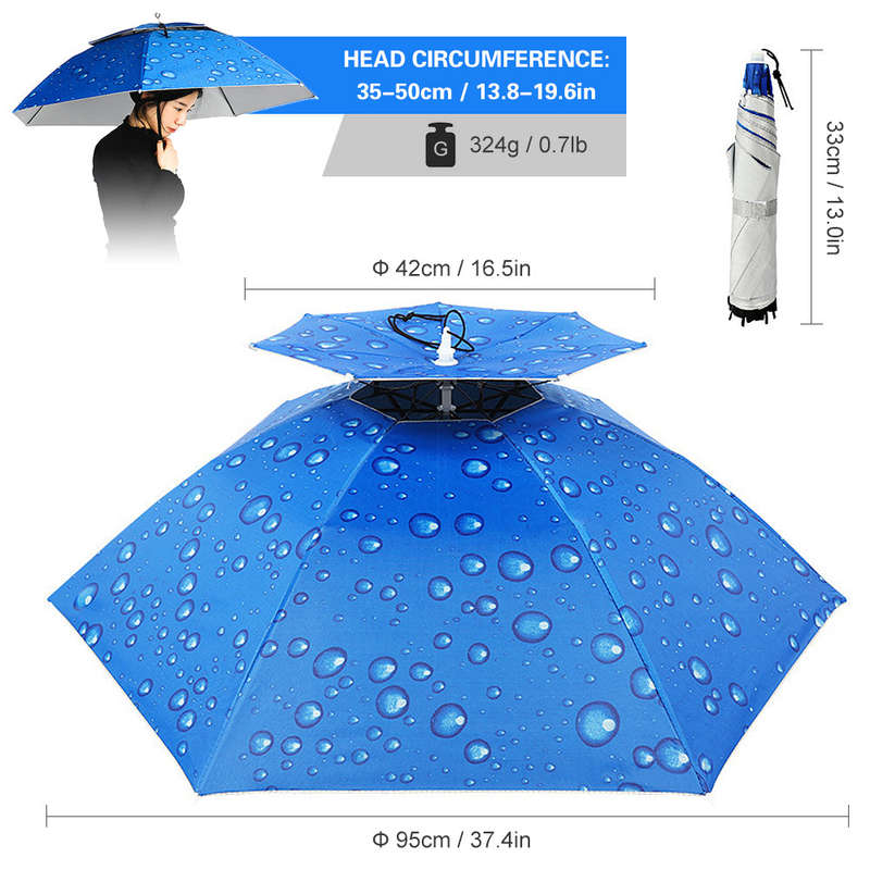 Double Layer Umbrella Hat Women Men Folding Sun Rain Cap with Adjustable Head Band for Fishin