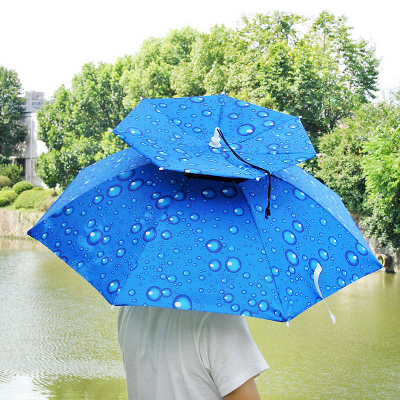 Double Layer Umbrella Hat Women Men Folding Sun Rain Cap with Adjustable Head Band for Fishin