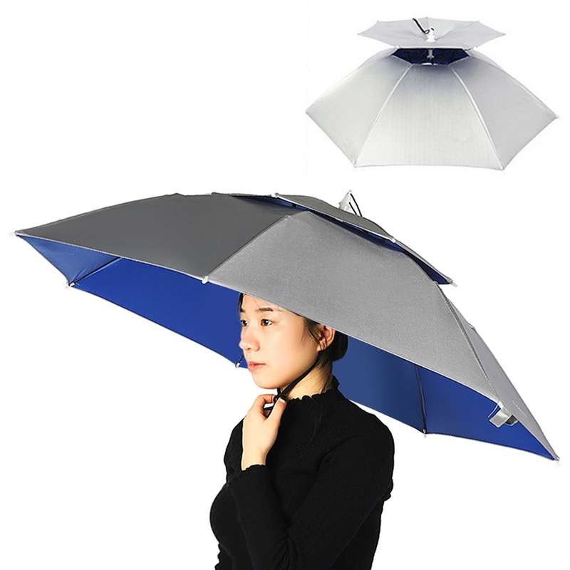 Double Layer Umbrella Hat Women Men Folding Sun Rain Cap with Adjustable Head Band for Fishin
