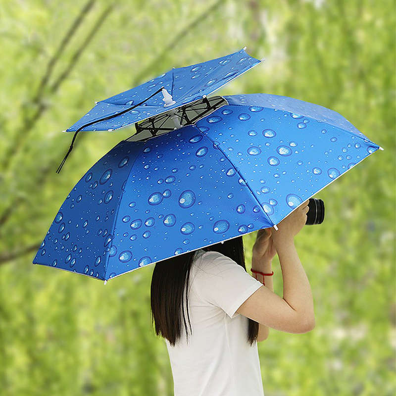 Double Layer Umbrella Hat Women Men Folding Sun Rain Cap with Adjustable Head Band for Fishin