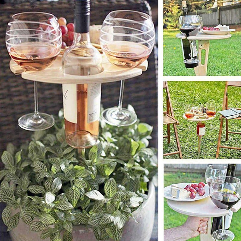 Portable Outdoor Folding Wooden Wine Table Wine Glass Holder for Beach Backyard Picnic Party