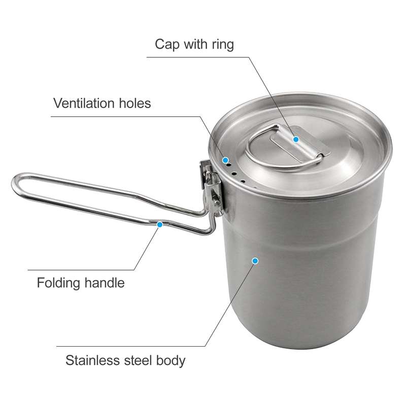1L Coffee Cup with Folding Handle & Ventilated Lid Stainless Steel Camping Kettle Lightweight