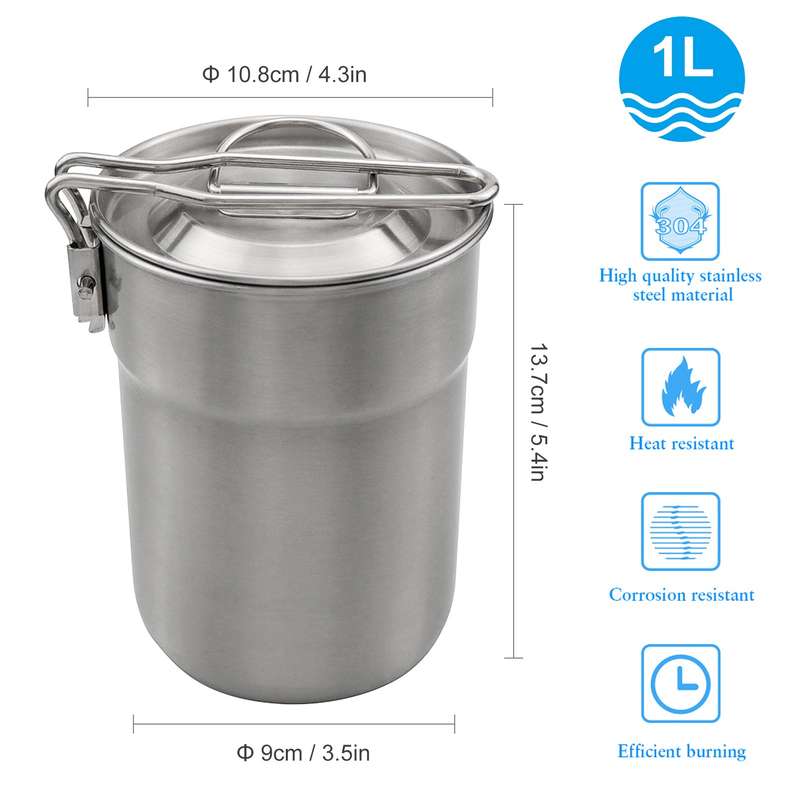 1L Coffee Cup with Folding Handle & Ventilated Lid Stainless Steel Camping Kettle Lightweight