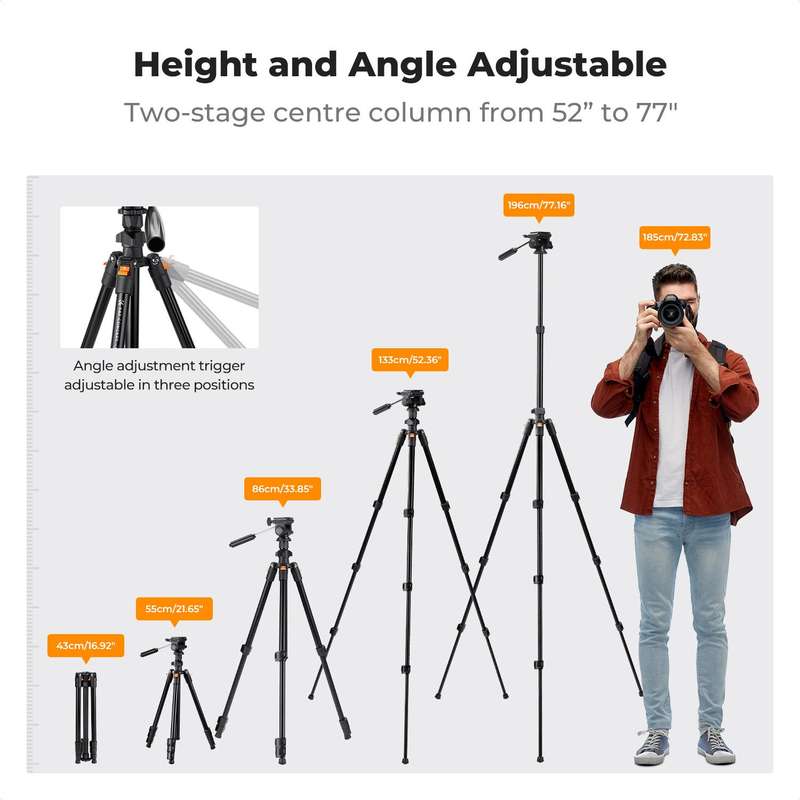 K&F Concept 1.96m Aluminium Camera & Video Travel Tripod With 3-Way Head KF09-115V1