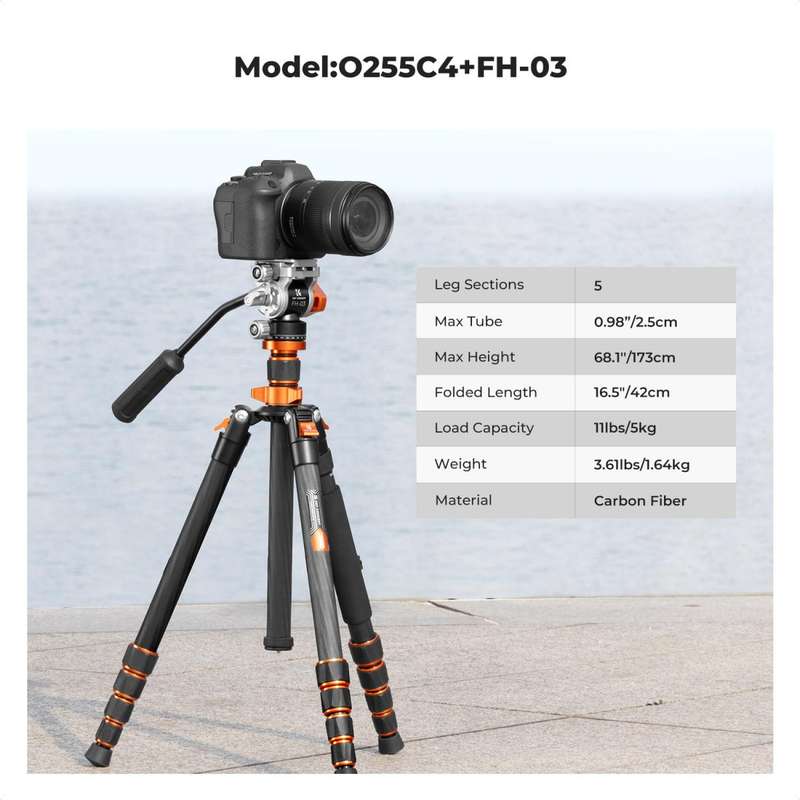 K&F Concept Omni Series 1.7m Lightweight Carbon Fibre Tripod | Hydraulic Video Head & Monopod Con...