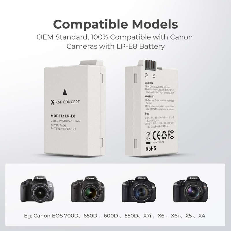 K&F Concept Dual LP-E8 1200mAh Batteries + Charger for Canon