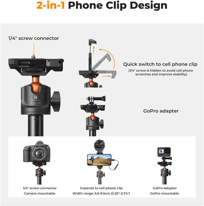 K&F Concept MS08 Phone Selfie Stick With BT Remote + GoPro Adapter Tripod