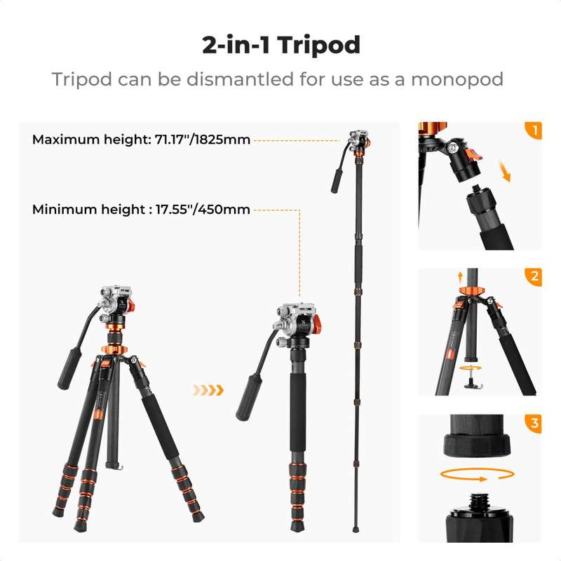 K&F Concept Omni Series 1.7m Lightweight Carbon Fibre Tripod | Hydraulic Video Head & Monopod Con...