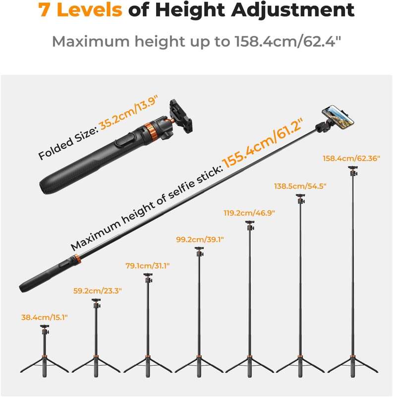 K&F Concept MS08 Phone Selfie Stick With BT Remote + GoPro Adapter Tripod