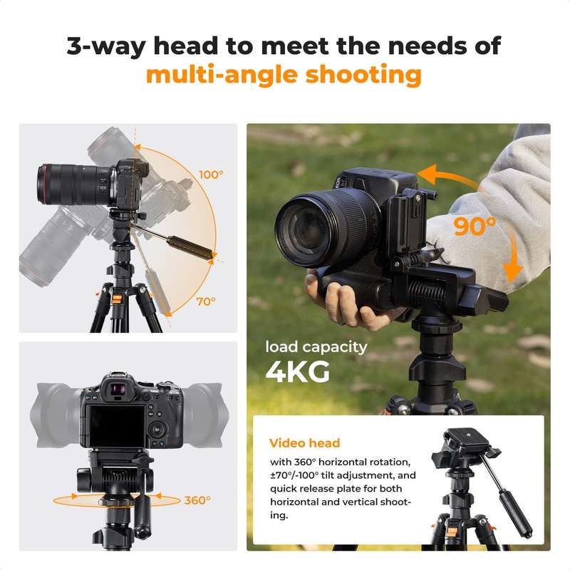 K&F Concept 1.96m Aluminium Camera & Video Travel Tripod With 3-Way Head KF09-115V1