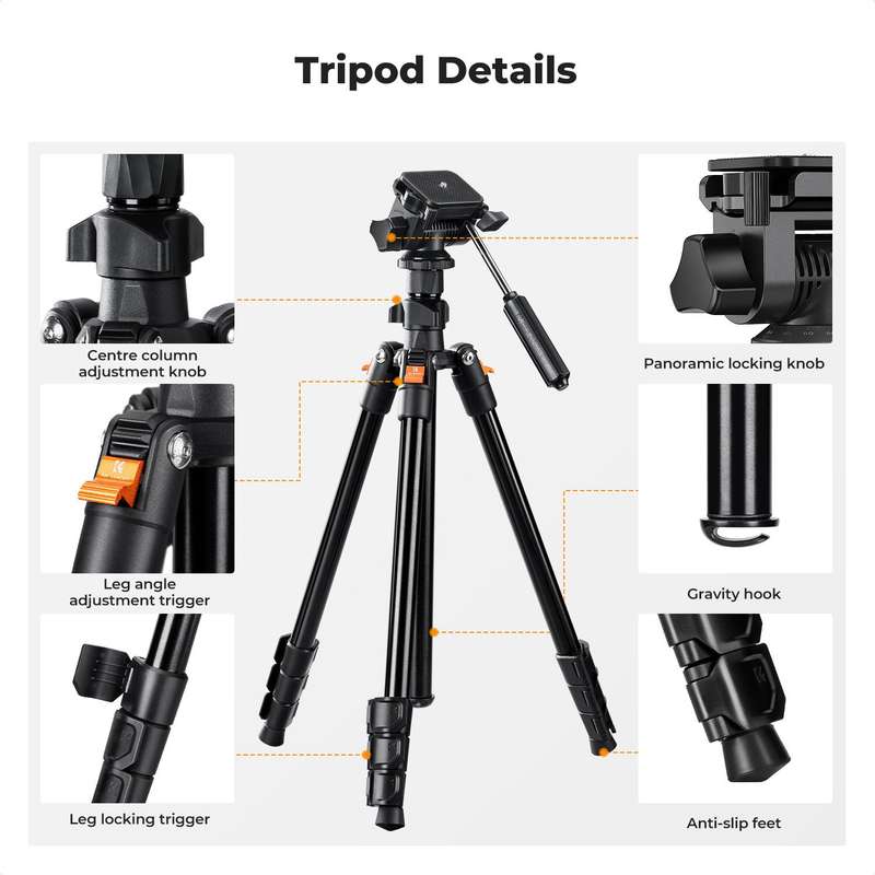 K&F Concept 1.96m Aluminium Camera & Video Travel Tripod With 3-Way Head KF09-115V1