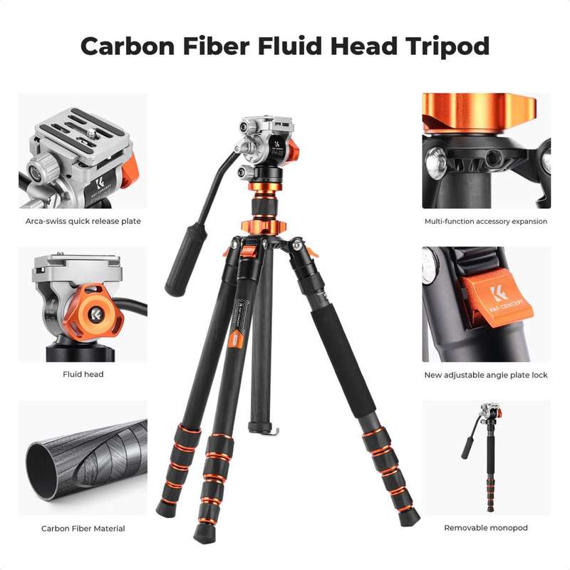 K&F Concept Omni Series 1.7m Lightweight Carbon Fibre Tripod | Hydraulic Video Head & Monopod Con...