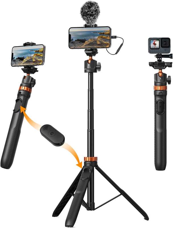 K&F Concept MS08 Phone Selfie Stick With BT Remote + GoPro Adapter Tripod